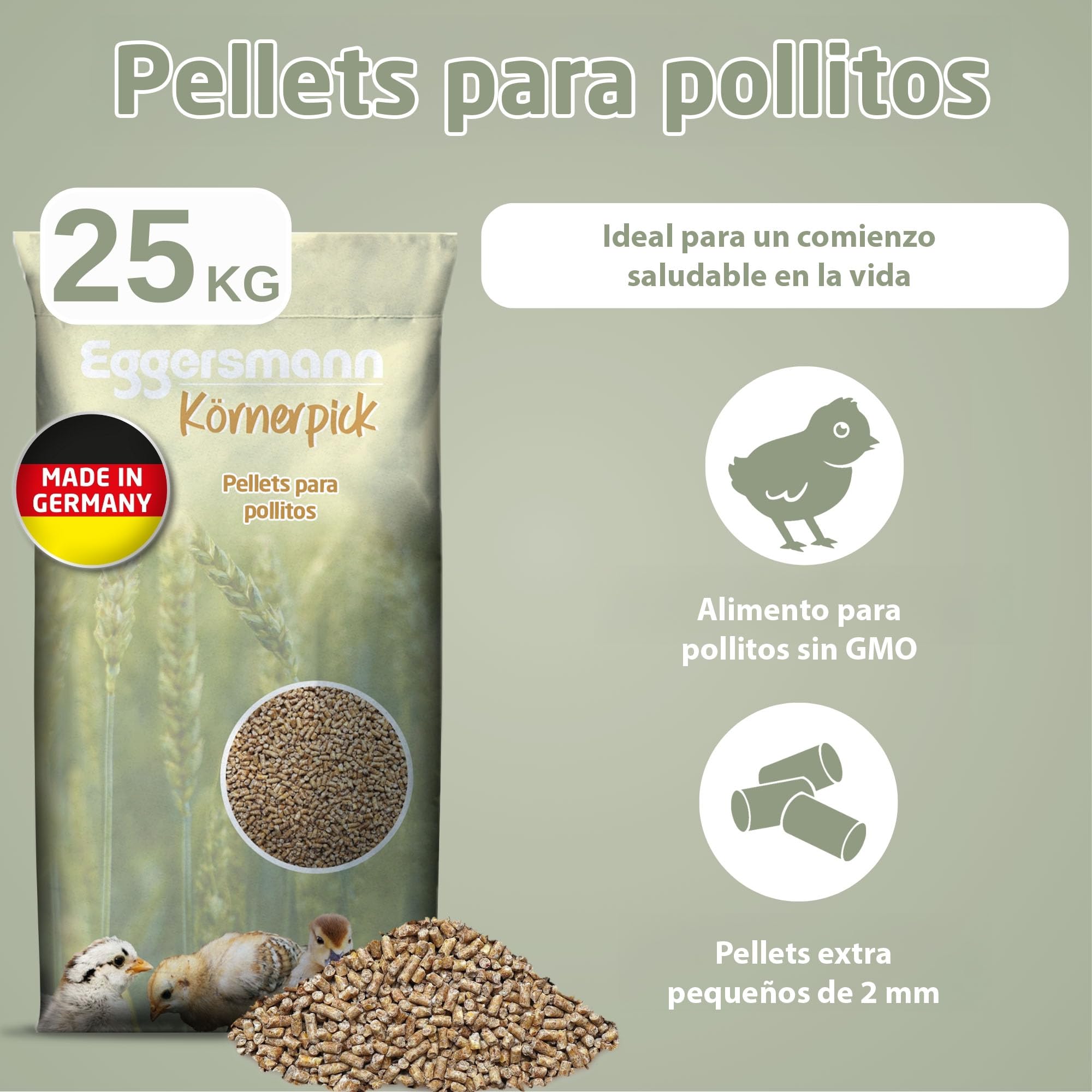 Eggersmann Körnerpick 25 kg de pellets de iniciación para Pollitos sin OGM - alimento para Pollitos - alimento Premium para Pollitos - pellets para Pollos, Gansos y Patos para cría | Sin OGM – Alimento para polluelos – Comida para pollos – Pellets para ga