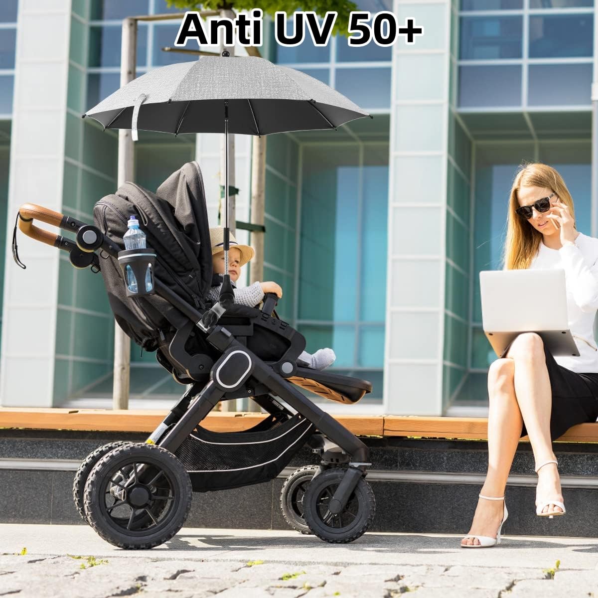 Ombrelle Poussette Universelle, Ombrelle pour Poussette Anti UV 50+, Parasol Poussette Bébé Universelle Diamètre 73 cm, Parasol pour Poussette Universelle pour Poussette et Buggy - Gris