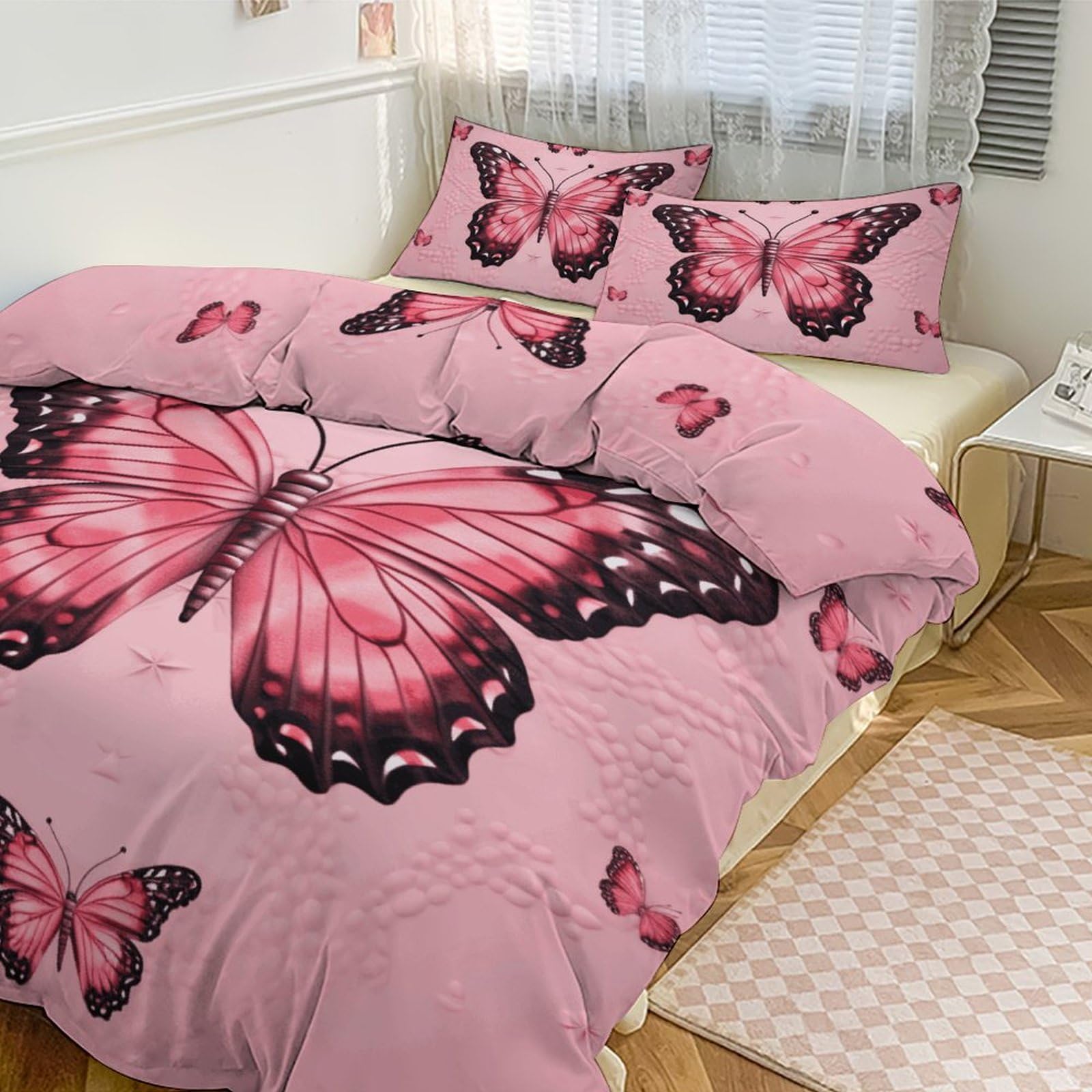 Couvre-lit et taie d'oreiller motif papillon mignon ensemble parure de lit grand lit