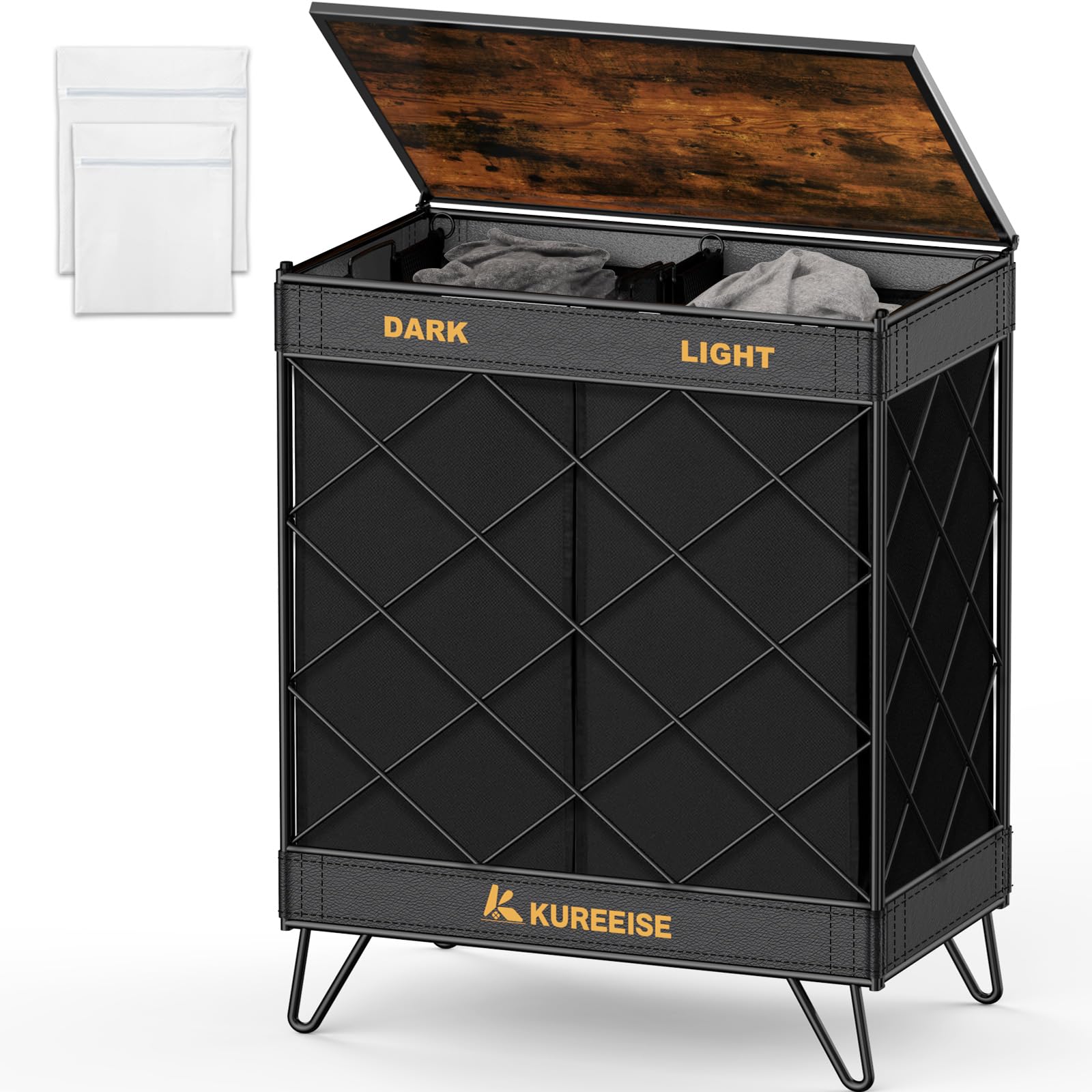 KUREEISE Laundry Hamper with 2 Removable Liner Bags, 29.1 Gal (110L) 2 Sections Laundry Basket with wooden Lid, Collapsible Laundry Sorter for Bedroom, Metal Wire Laundry Room Organization?Black?