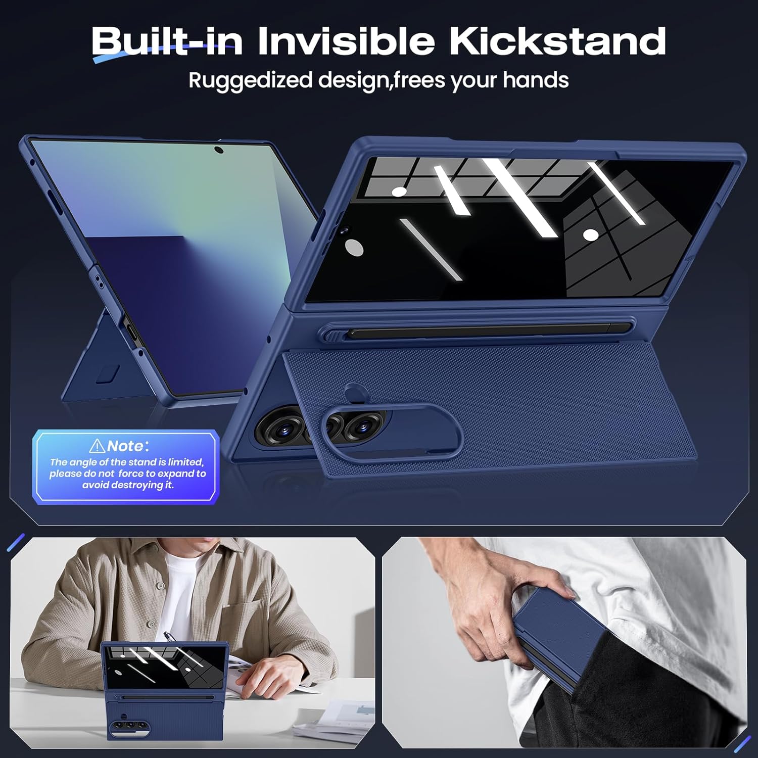 Ruky for Galaxy Z Fold 7 Case with S Pen Holder & Stylus, [Not for Z Fold 6] with Hidden Foldable Kickstand and Built-in Privacy Screen Protector, Shockproof Protective Thin Phone Cover, Blue