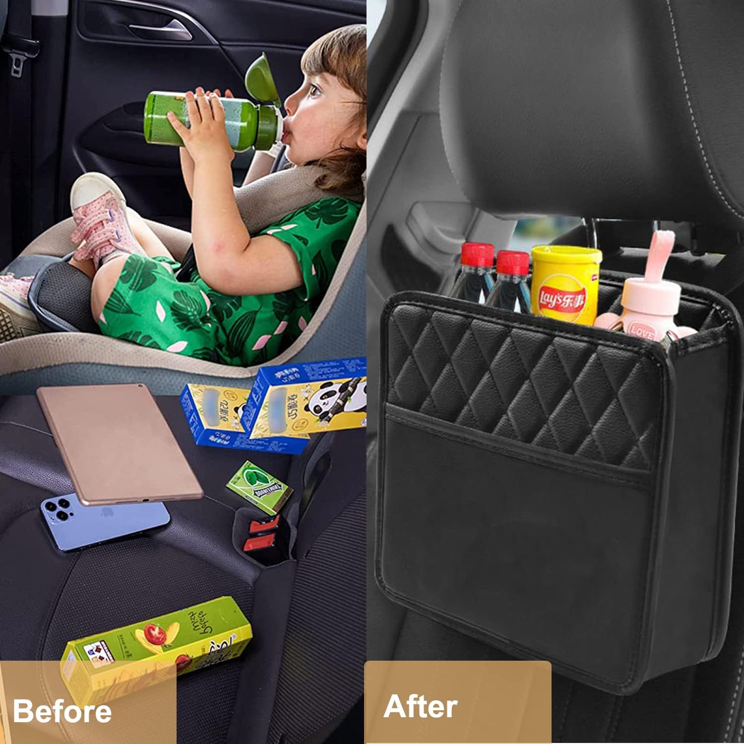 Vizaro Car back Seat organizer and hanging storage bag-Premium leather 25.5 CM Multifunction Car Seat Back Organizer for Kids & Adults (Black) 1