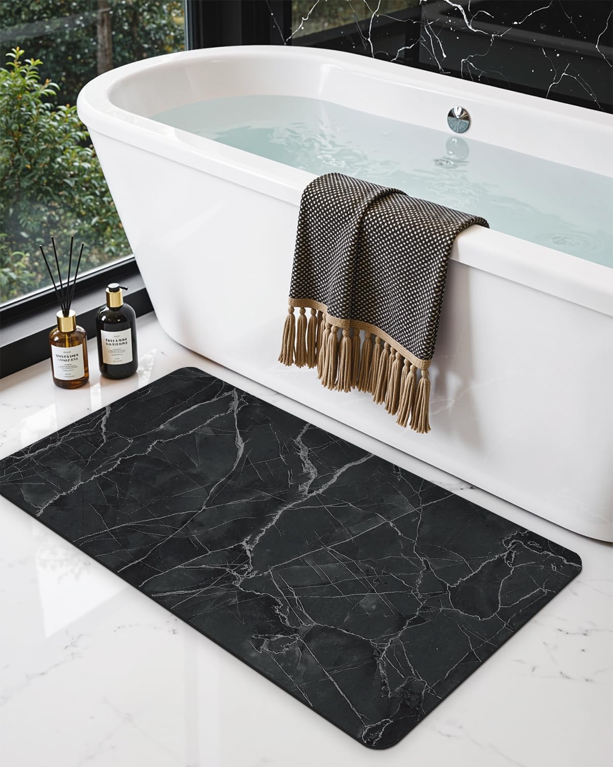 DEXI Bath Mat 17x43, Non Slip Quick Dry Rugs, Super Absorbent Ultra Thin Marble Bathmat, Washable Rubber Mats for Shower Floor, in Front of Bathtub, Sink, Bathroom Accessories Decor, Black
