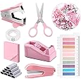 Glarks 1008pcs Pink Office Supplies Kit Desk Accessories Include Stapler, Tape Dispenser, Stapler Remover, Index Tabs, Office Scissor, Sticky Notes for Students Birthday Gift