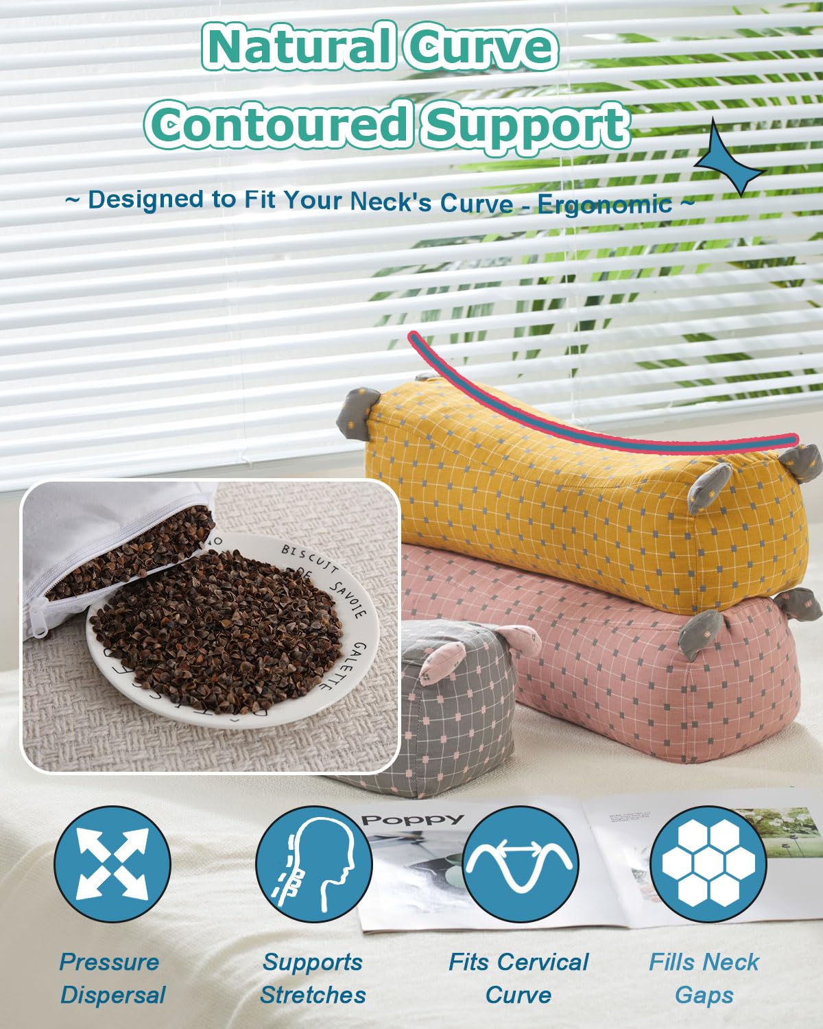 EDMILE Buckwheat Roll Pillow for Neck Support, Adjustable Buckwheat Bolster Pillow, Firm Support Neck Roll Pillow for Side and Back Sleepers, Cylinder Pillows with Pillowcase, Yellow 17