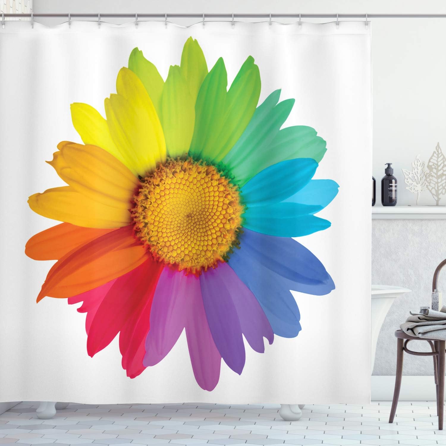 Ambesonne Flower Shower Curtain, Rainbow Colored Sunflower or Daisy Spring Inspired Image Hippie Style Modern Design, Cloth Fabric Bathroom Decor Set with Hooks, 69" W x 84" L, White Apricot