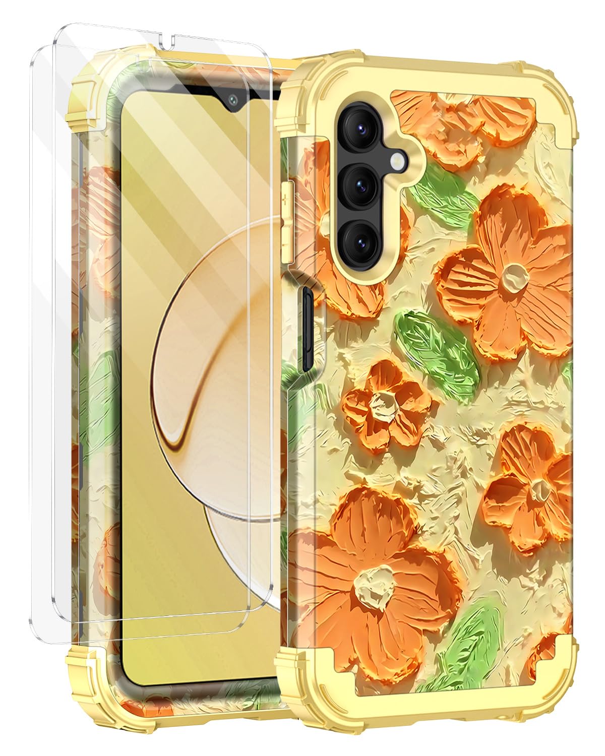RancaseRancase for Galaxy A15 5G Case,Three Layer Heavy Duty Shockproof Protective Case with 2 Tempered Glass Screen Protector for Samsung Galaxy A15 5G 6.5 inch,Yellow/Orange