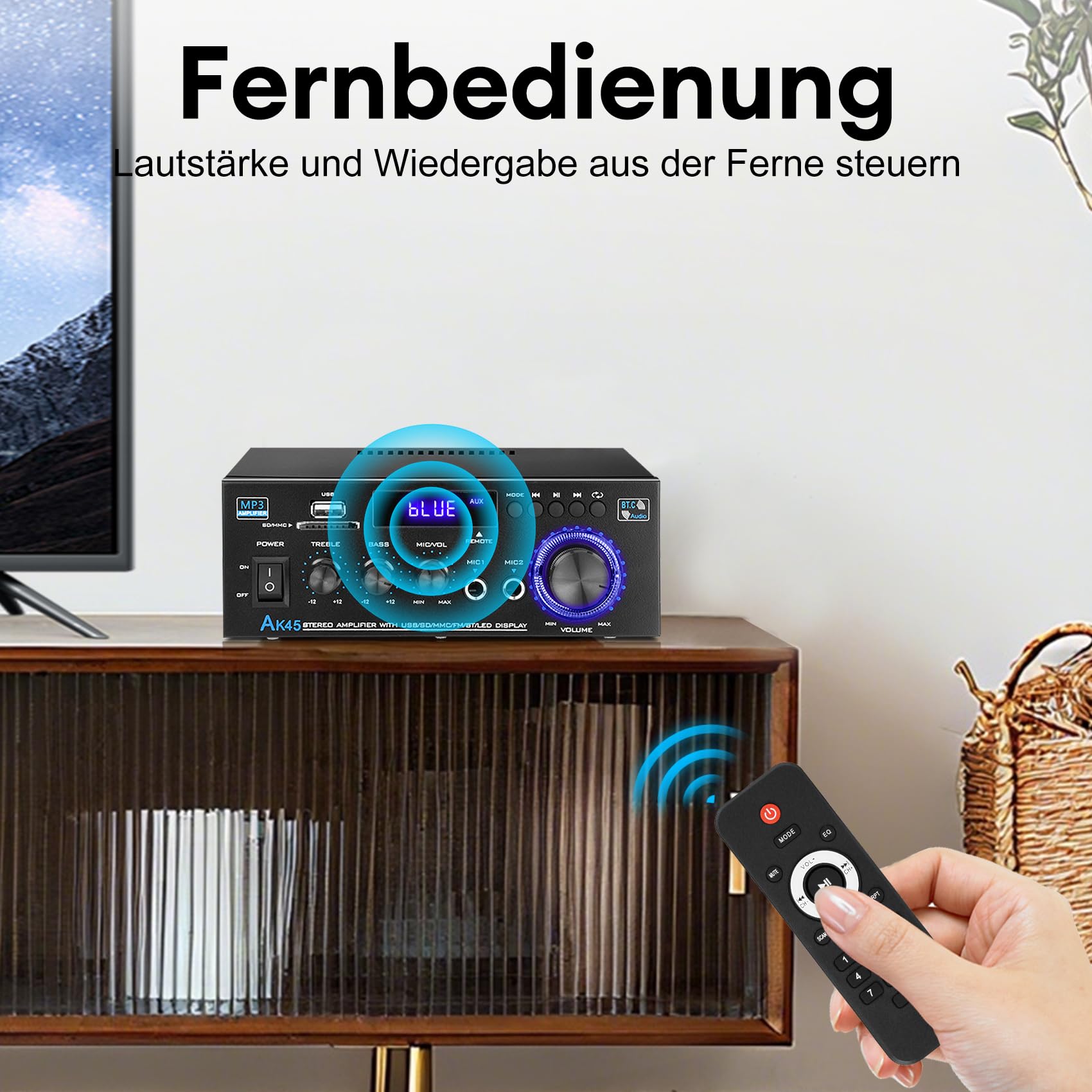 Hifi Verstärker - KKMOL Stereo Verstärker, AK45 Mini Bluetooth Radio Audio Verstärker Receiver, Wiimp Amp,12V/ 220V 400W 2 Kanäle Digitale Endverstärker Soundverstärker mit USB, SD Card, Fernbedienung
