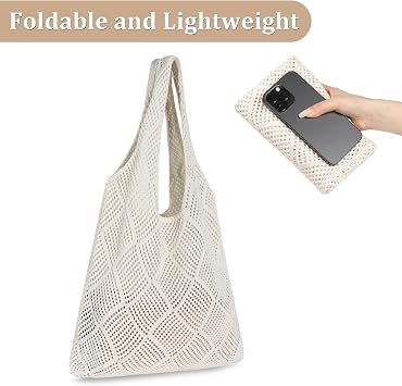 Etercycle Crochet Tote Bag, Mesh Beach Bag for Women Knit Summer Hobo Bag Vacation Boho Tote Bag (Beige)