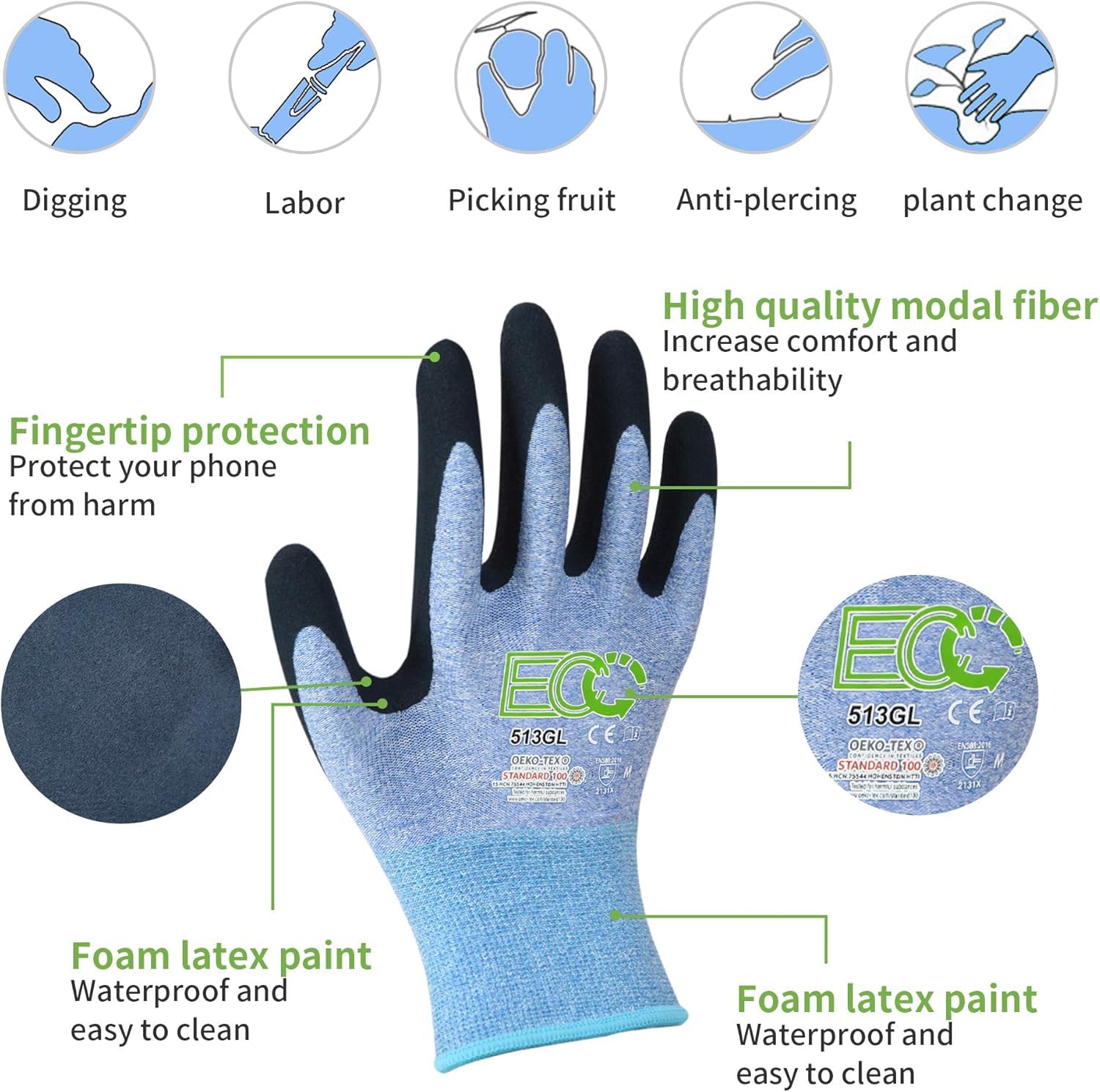 7 pares de guantes de jardinería para mujer con revestimiento de microespuma, EN388 2131X texturizado agarre guantes de trabajo para jardinería y uso general, 3 morados + 3 azul + 1 gris