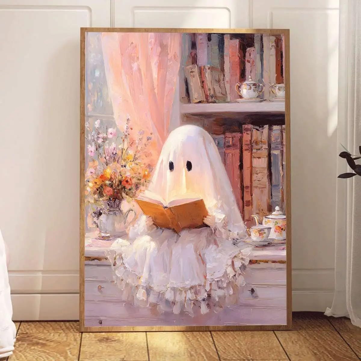 LZJAGXX Póster de Halloween con un lindo fantasma rosa leyendo un libro - Divertido lienzo impreso para la decoración de la sala de estar (60x80cm/marco interior)