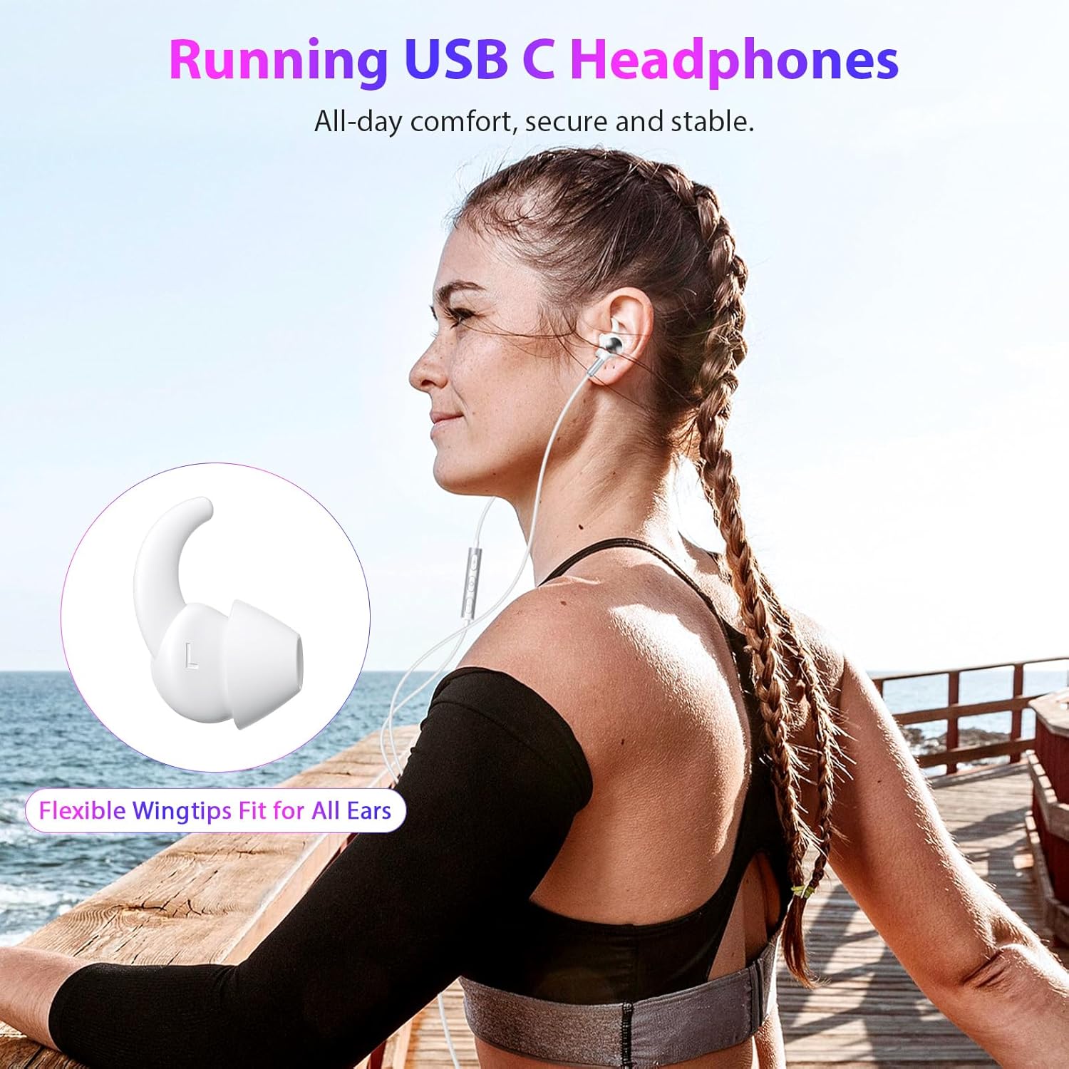 APETOO Wired Earbuds Sport USB-C Headphone w/Anti-Fall/Hurt Wingtips for iPhone 17/16/15/Android, Hands-Free Call, Pure Stereo Deep Bass, Noise Isolating in-Ear Ear Buds for Outdoor/Indoor/Small Ear