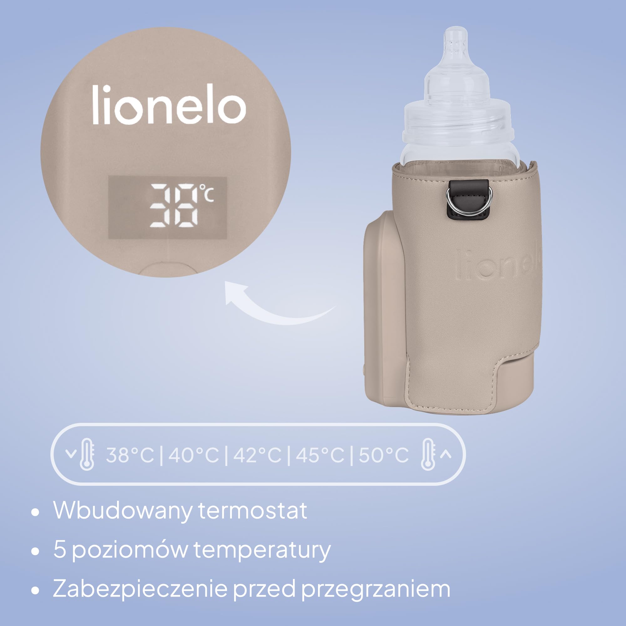 LIONELO Thermup Go EVO przenośny podgrzewacz do butelek, utrzymuje ciepło płynów, 5 temperatur roboczych od 38 do 50°C, ładowanie przez USB-C, do 9 godzin pracy, wyświetlacz LCD