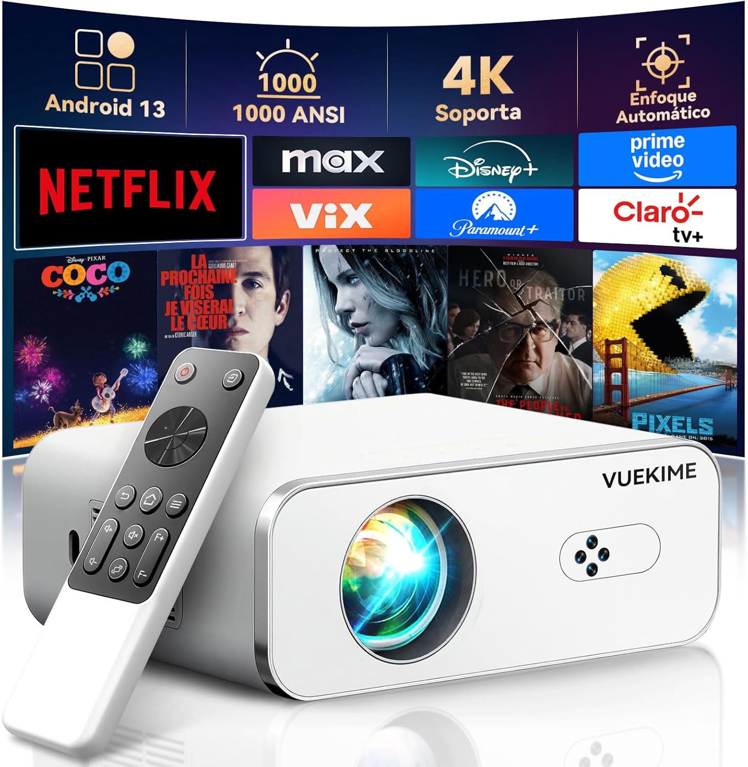 VUEKIME 4K Portable Projector with remote control and streaming app icons