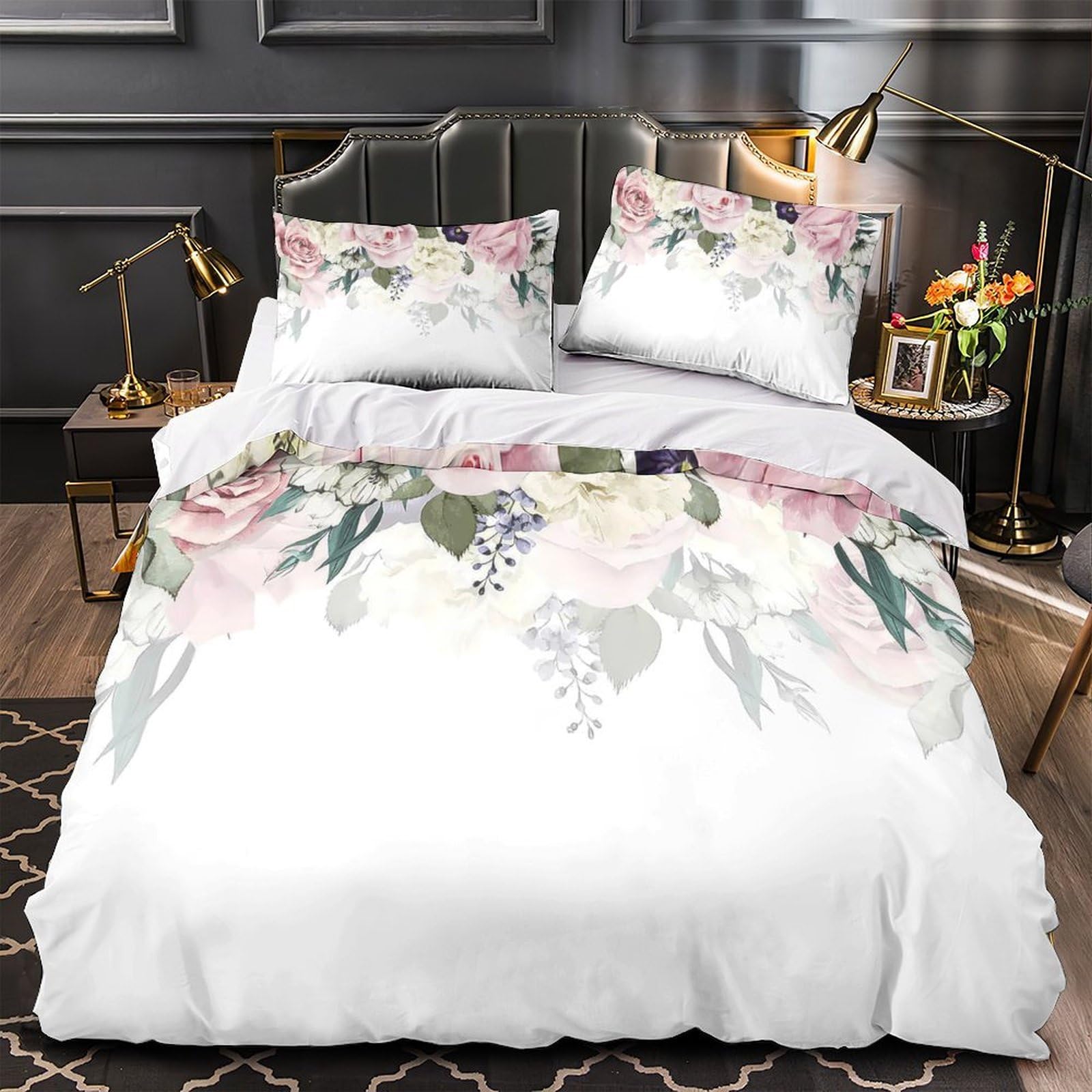 Parure de lit fleurs romantiques housse de couette microeffet doux enfant fille garçon