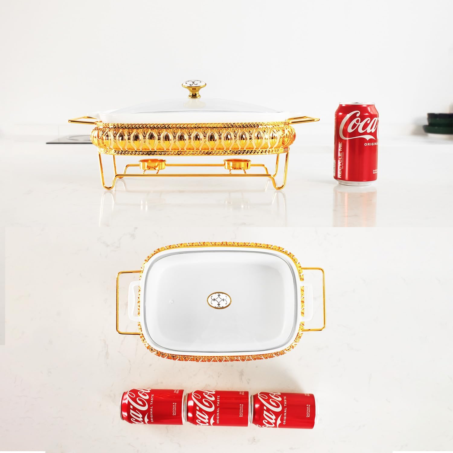 10" x 7" Ceramic Rectangular Casserole Dish with Glass Lid and Gold rack, 1.3 Quart White Serving Soup Tureen,Chafing Dish for Buffet, Family Food Tray, Catering Casserole for Party Style