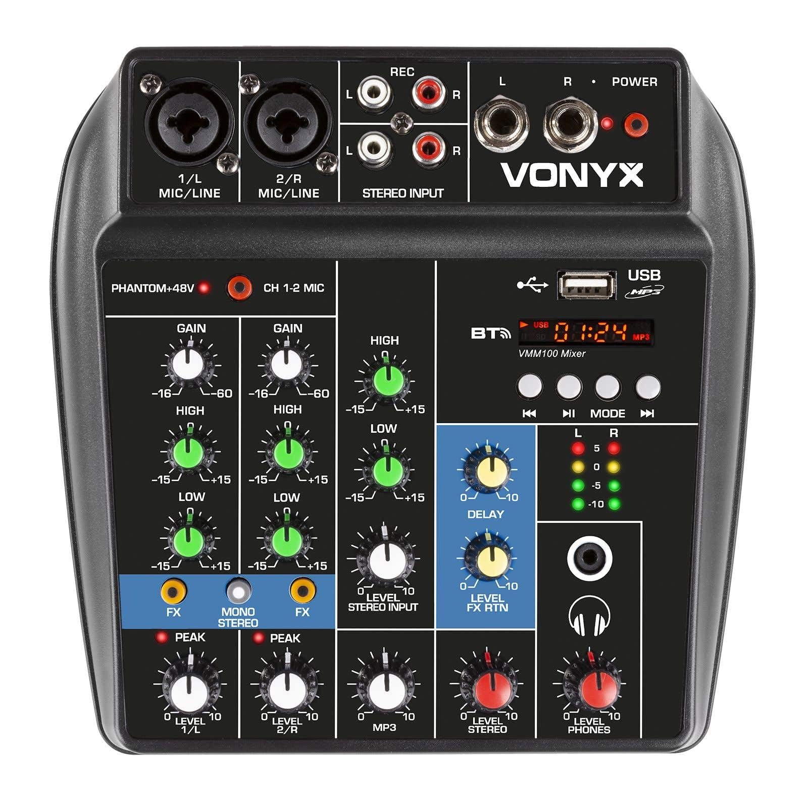 Vonyx VMM100 Mezclador Audio con USB, bluetooth, display, efecto delay, ecualizador de 2 bandas, 2 entradas de micro XLR/Jack, phantom +48v, entrada estéreo, ideal para pequeños eventos o fiestas