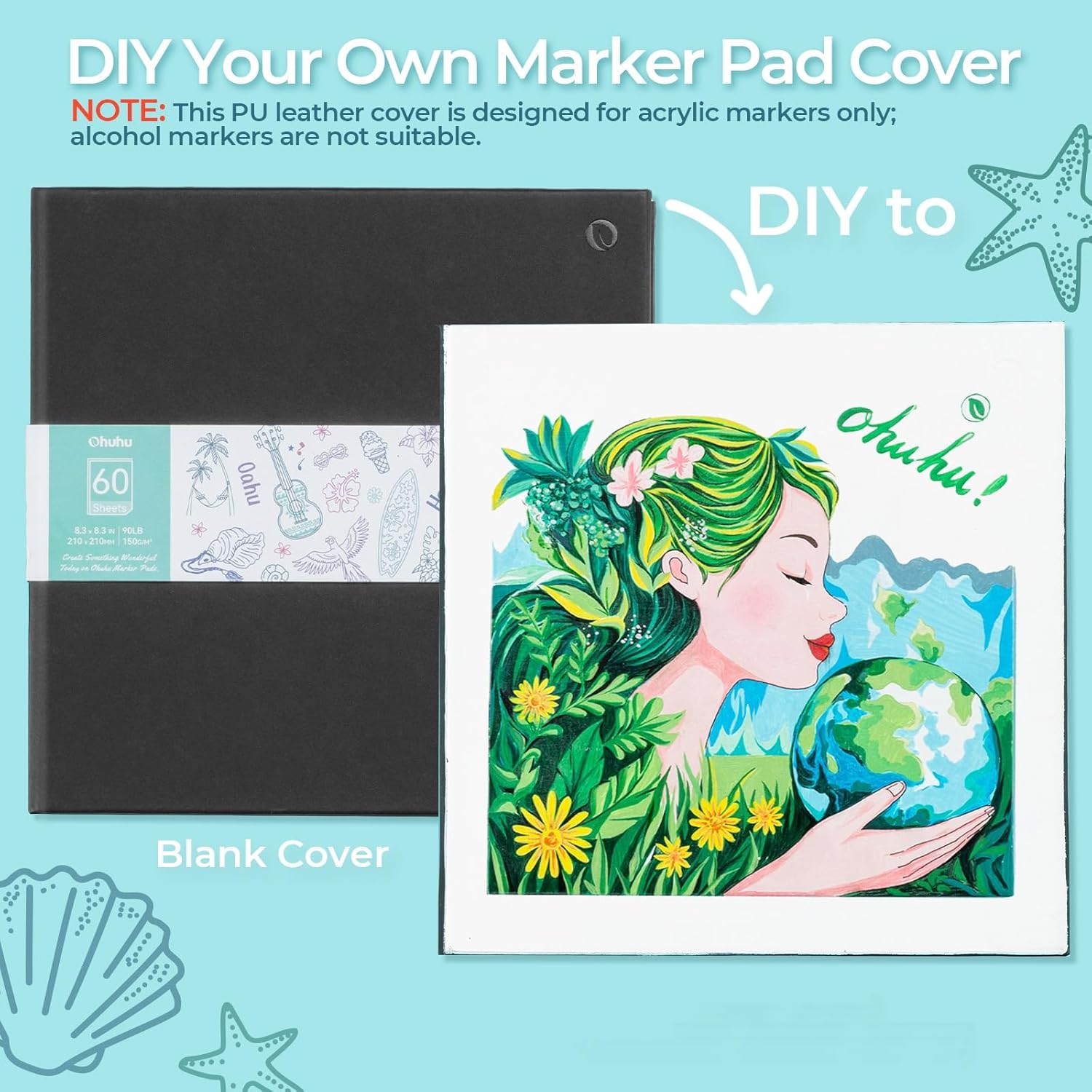 Ohuhu Double-Sided Marker Pad Art Sketchbook Bleedproof - 8.3"x8.3" Square Paper Size - 90 lb/150 gsm Smooth Drawing Paper - 60 Sheets/120 Pages - Hardcover Sketching Book for Alcohol Markers Paints - Image 8