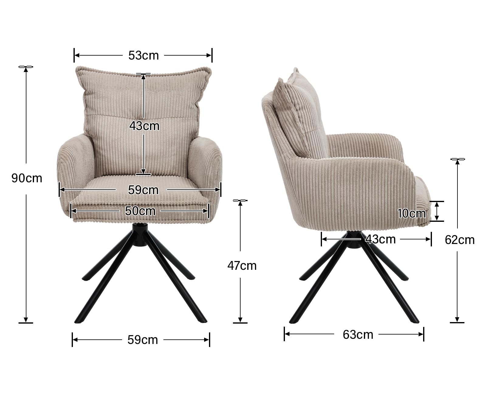 chairus Ergonomiczne krzesło biurowe do biura, sztruksowe, obrotowe 360°, wyściełane krzesło komputerowe z metalowymi nogami, szare