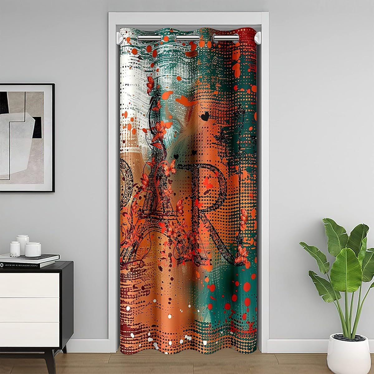Erosebridal Romantic Paris Door Curtain Valentine Day Eiffel Tower Blackout Curtain for Privacy, Red Turquoise Graffiti 59" Wx80 L Door Drape Hippie Tie Dye Door Window Curtain for Hallway
