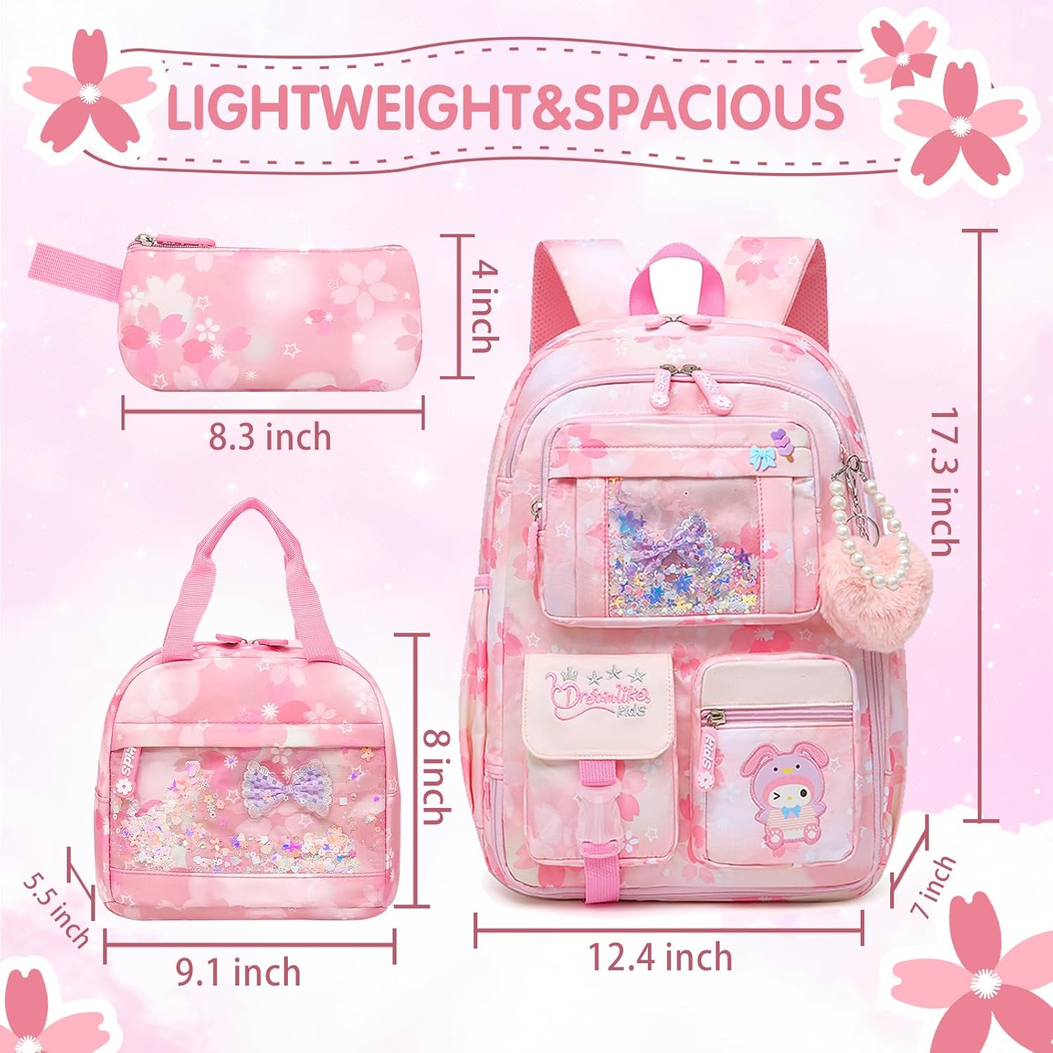 Lovely Girls Backpack School Bag for Students Kids Book Bag with Multiple Pockets Splash-proof Children's Backpack（17inch Set Pink） - Image 5