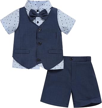 Toddler Boy Gentleman Outfits Short Sleeve Bowtie Shirt with Vest and Shorts Formal Wedding 3Pcs Suit Set