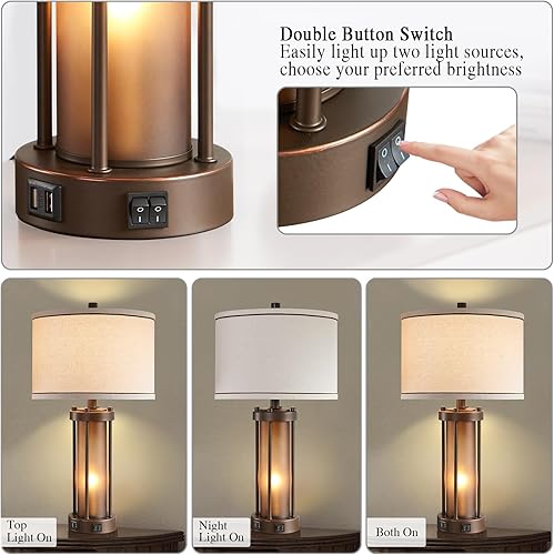 Miniatura 3 de RORIA Lámparas de mesa de granja para sala de estar con 2 puertos de carga USB, lámpara de mesita de noche rústica vintage con luz nocturna de