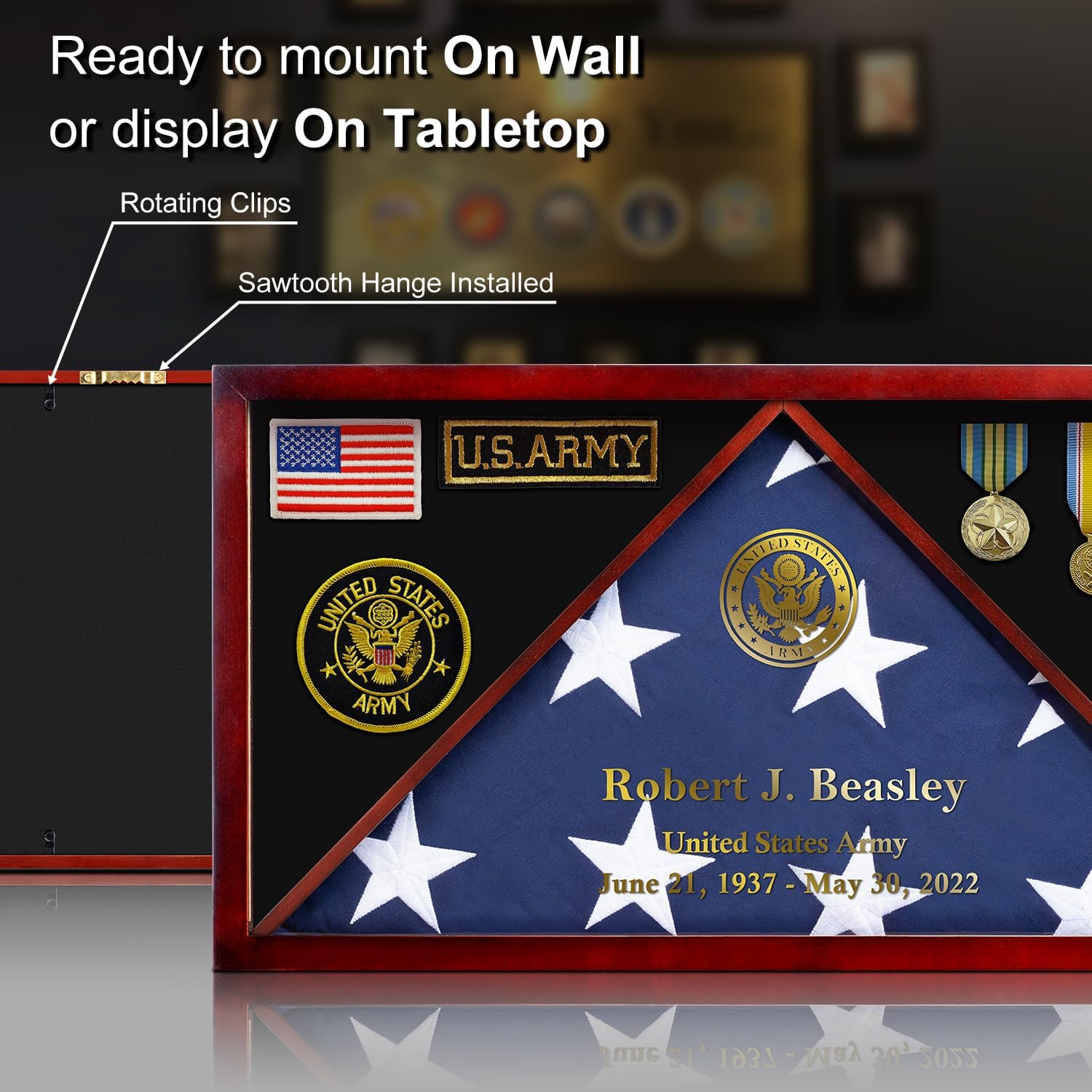 Customizable Burial Flag Display Case with Real Glass Front, 5x9.5 Ft Flag Rectangular Military Flag Box with Metal Lettering, Pine Wood Frame with Section for Medals & Badges