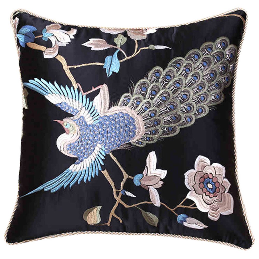 Coussin de style chinois brodé en laine 55x55 cm pour décoration salon zen