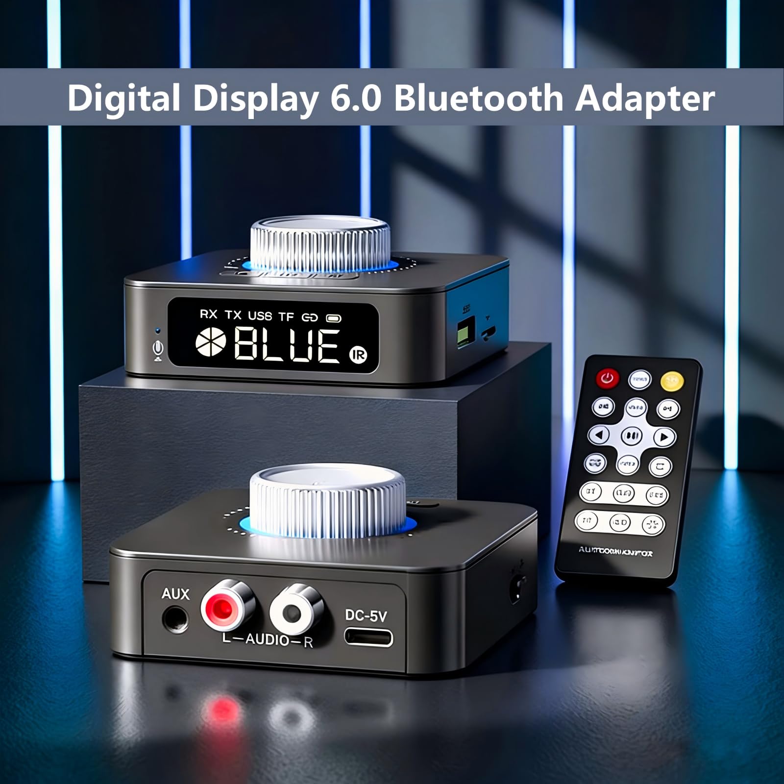 Adaptateur Bluetooth 6.0 HiFi, Émetteur/Récepteur avec Affichage LED, 2RCA/3.5mm AUX, Lecture USB/TF et Appels Mains Libres, Compatible avec Smartphone/Home Cinéma/Voiture/TV/PC/Enceintes