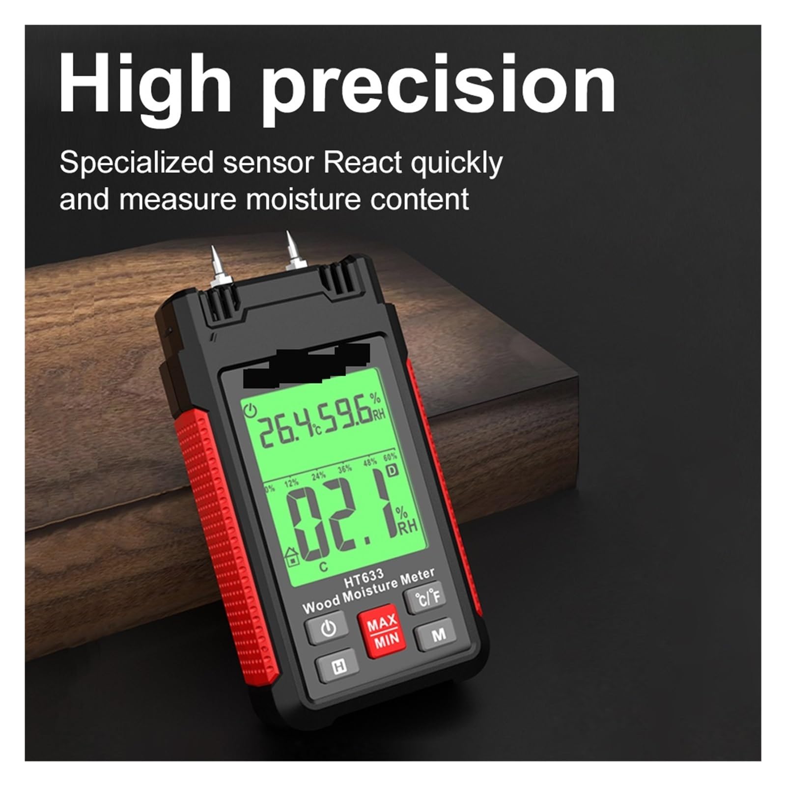 Medidor de humedad HT633 Medidor de humedad de madera digital Profesional 0~57% Higrómetro de madera Herramienta portátil Pantalla LCD Detector de humedad de madera Monitoreo ambiental