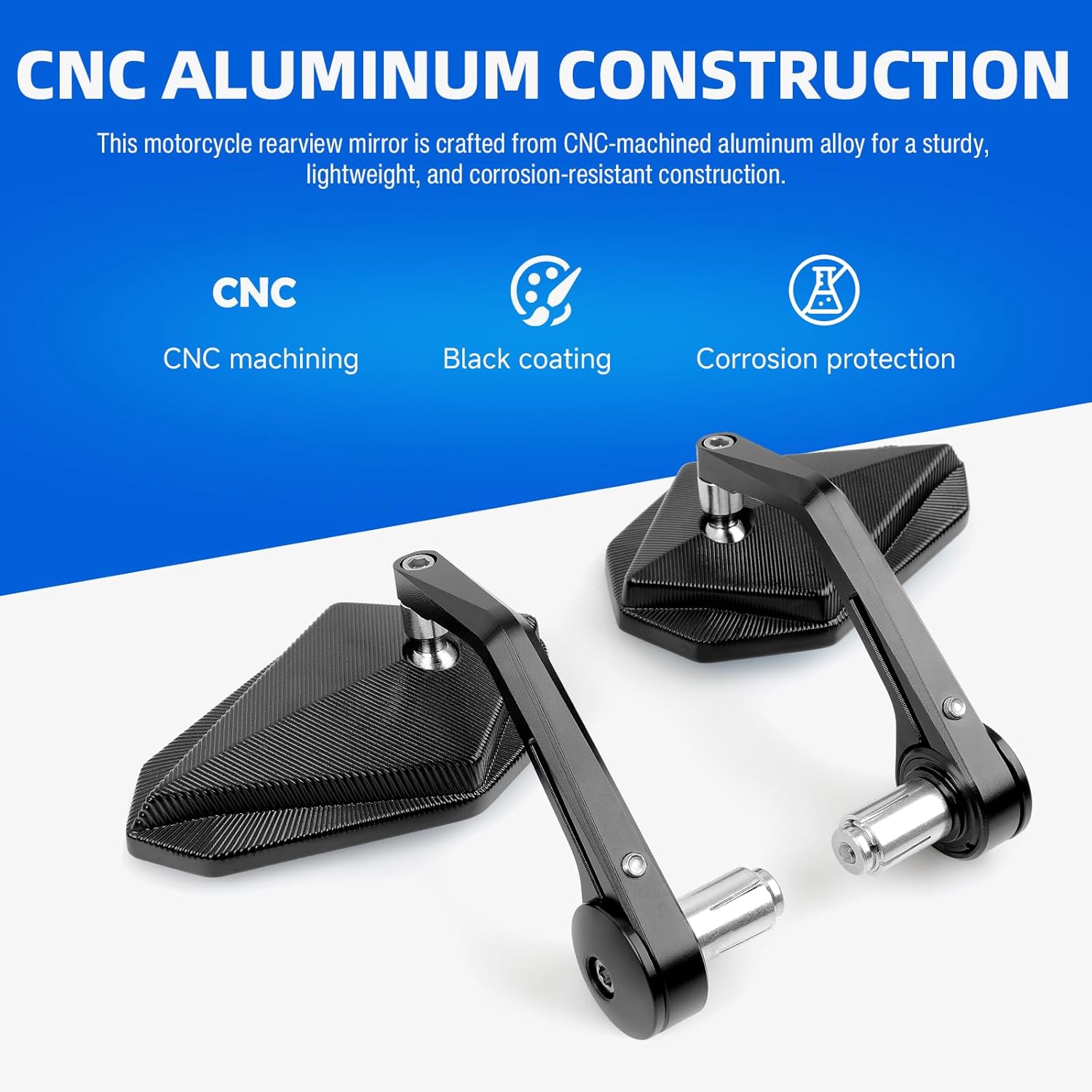 DREAMIZER Motorcycle Bar End Mirrors Black CNC Bar End Mirrors for Motorcycles Compatible with Honda Kawasaki Suzuki Scooter and More (Blue Glass Lens)