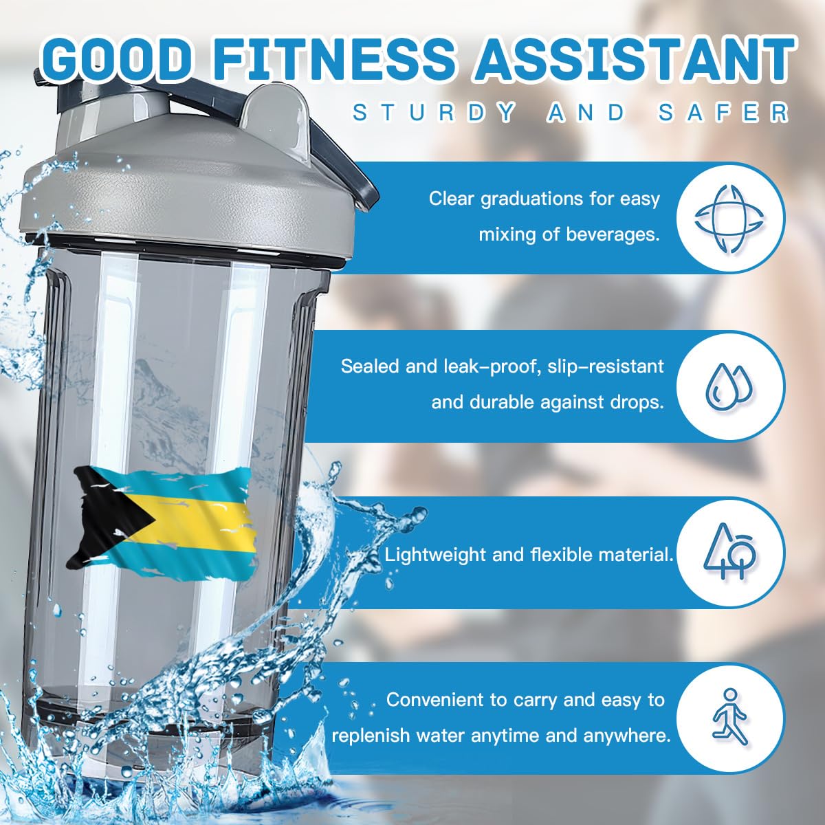Torn Broken Bahamas Bahamian Flag 1 18 Ounce Shaker Bottle Drink Mixer Leak-proof Pre Workout Protein Shakes Meal Replacement Shakes Bottles 500ML/18 Oz Gray