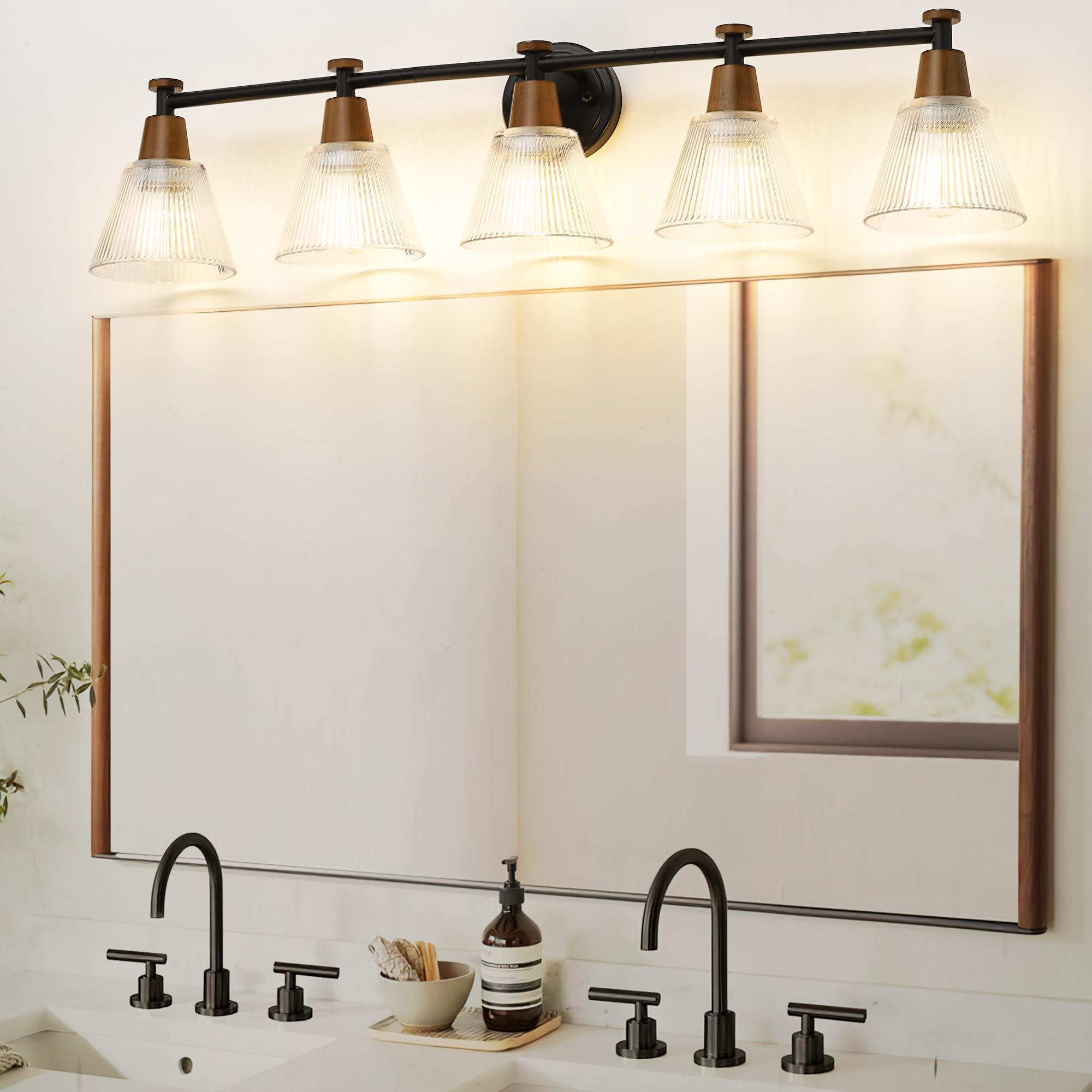 FEMILA 5-Light Bathroom Light Fixtures, Black Bathroom Lights Over Mirror, Farmhouse Bathroom Light Fixtures, Black Wall Lights with Fluted Ripple Glass Shade for Kitchen, Gallery, 4FG75BG1-5W BK