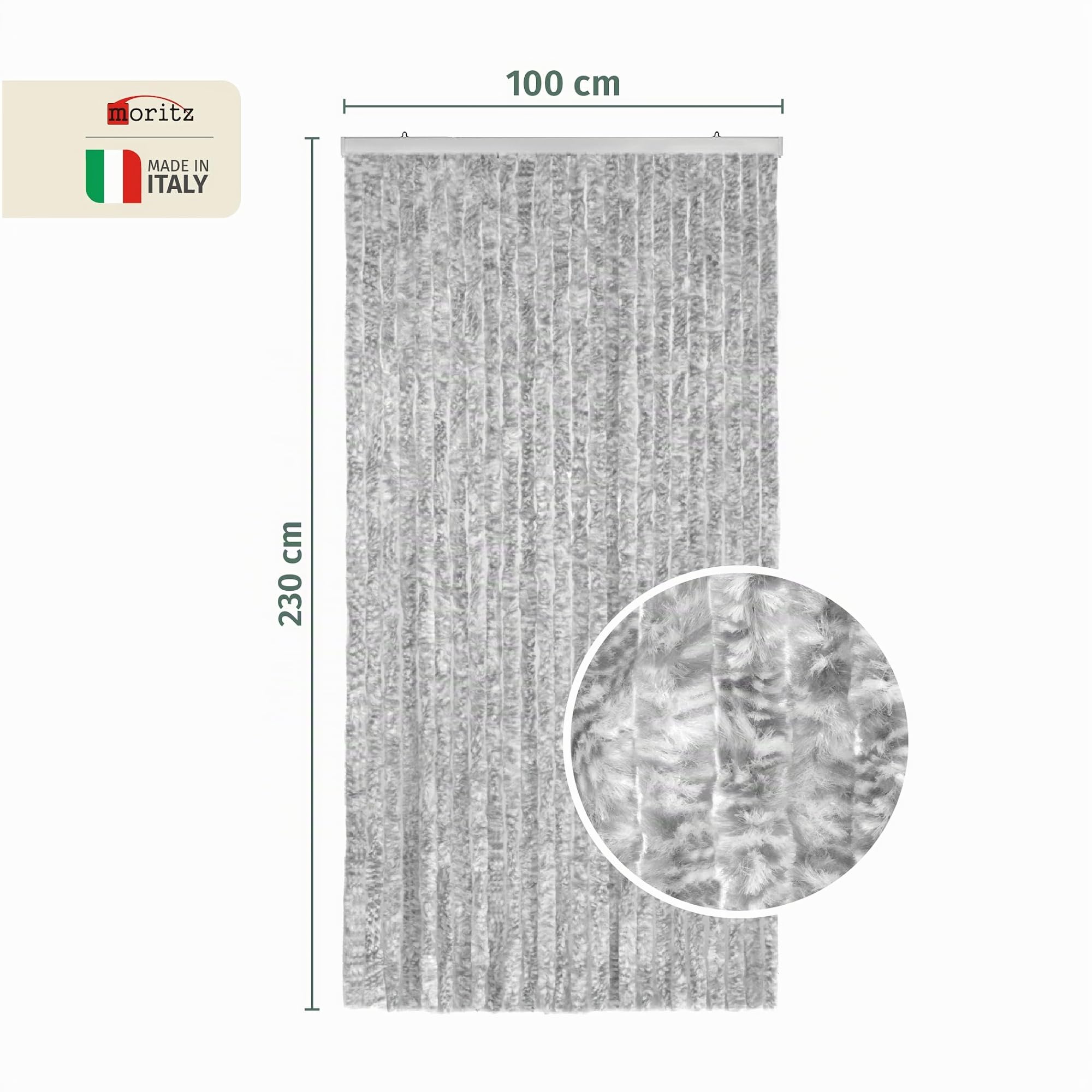 Moritz Rideau en chenille - 100 x 230 cm - Gris et blanc - Rideau de porte - Moustiquaire pour camping et caravane