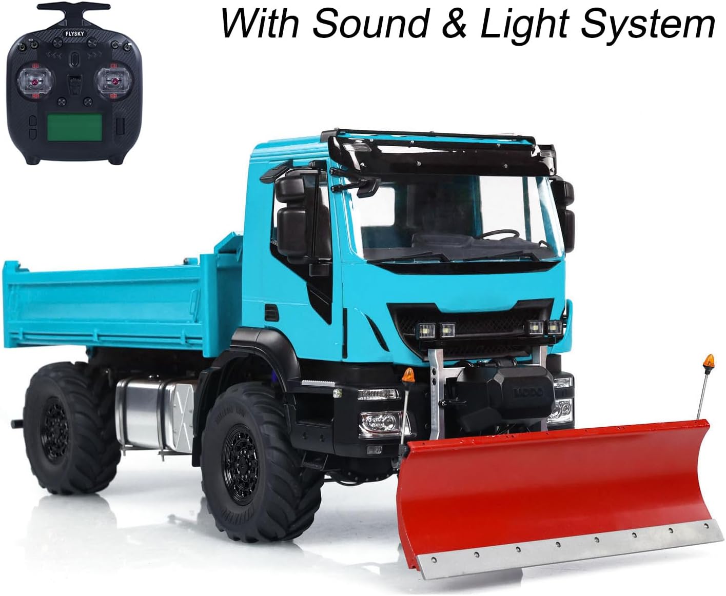 1:14 RC Hydraulic Dumper Truck Model 4X4 Metal RC Tipper Car Withe Snow Blade 2-Speed Transmission Light Sound I6S Radio Controller(Blue)