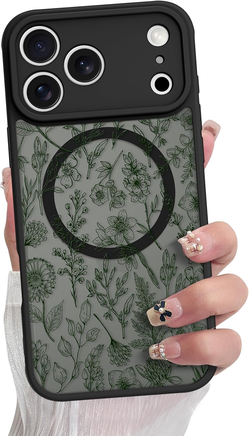 SOKAD Magnetic for iPhone 17 Pro Max Case, Compatible with Magsafe, Vintage Sage Flower Floral Design for Women Girls, Matte Translucent Full Camera Protection Shockproof Phone Cover, Green