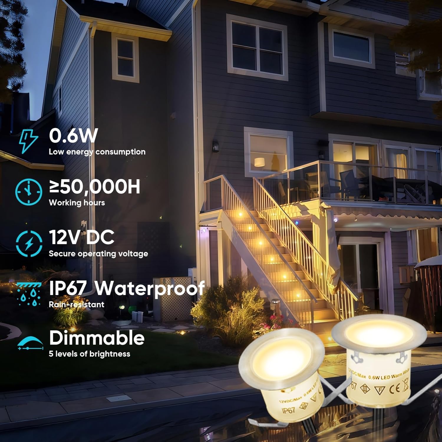 20 Pack Dimmable Recessed Deck Stair Lighting All-in-one with Timer Photocell Sensor Transformer Low Voltage LED Step Riser Lights IP67 Waterproof φ1.26 12V Warm White Patio Kit Decorations