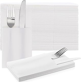100 Pcs Disposable White Napkins Cloth Like with Flatware Pocket - Prefolded Linen Feel Dinner Napkins for Wedding, Party, Silverware