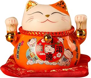 Ceramic Lucky Cat Coin Bank, Maneki Neko Bank Beckoning Cat Money Jar Cute Cat Porcelain Cash Pot Saving Money Box Feng Shui Good Wish Decor for Car Desk Home Office Ornament