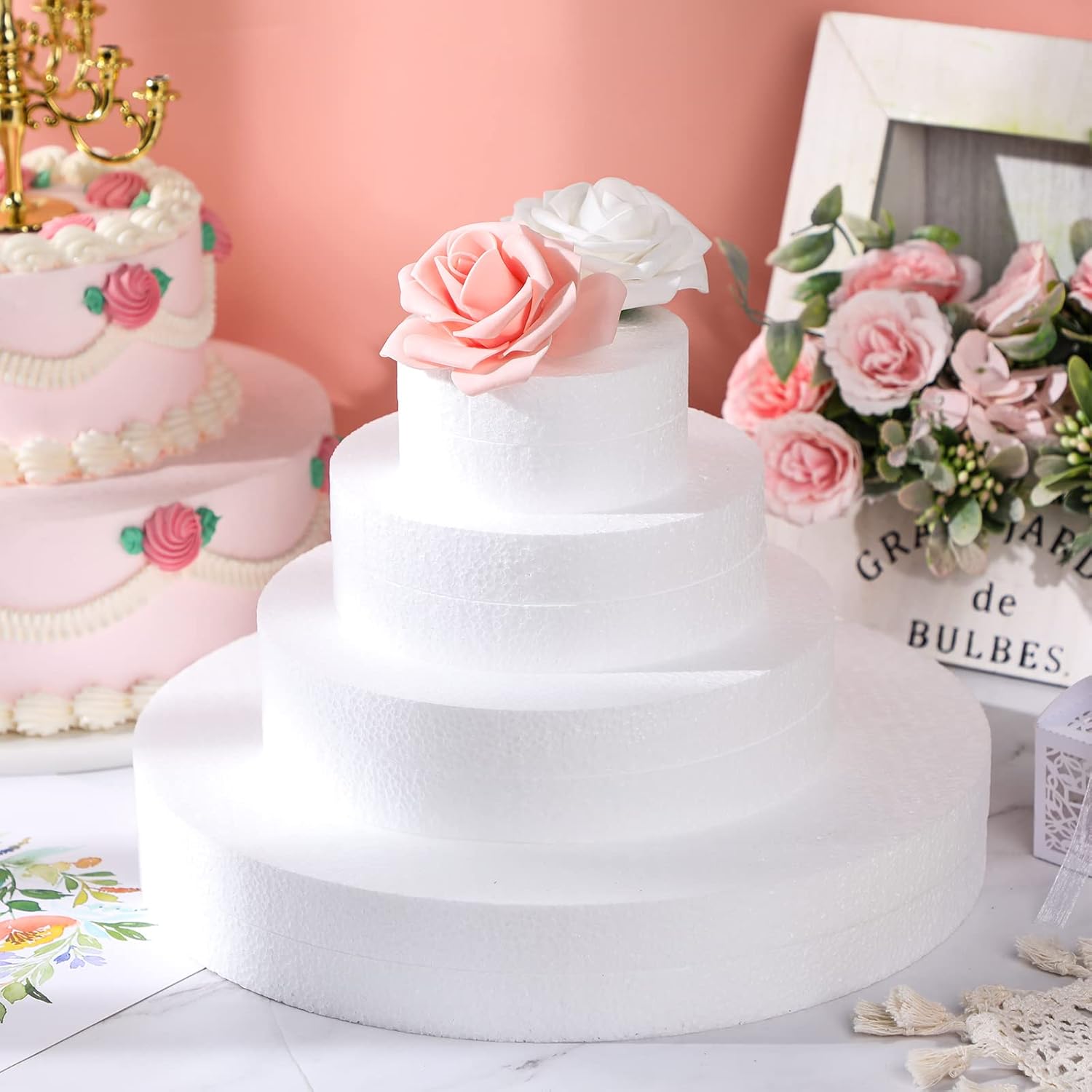 Marsui 26 Pcs Round Foam Circles for Crafts Fake Cake White Discs for DIY Projects 4/6/8/12'' Diameter 1'' Thick Round Foam Disk Craft for Christmas Halloween Cake Sculpture Modeling Decor