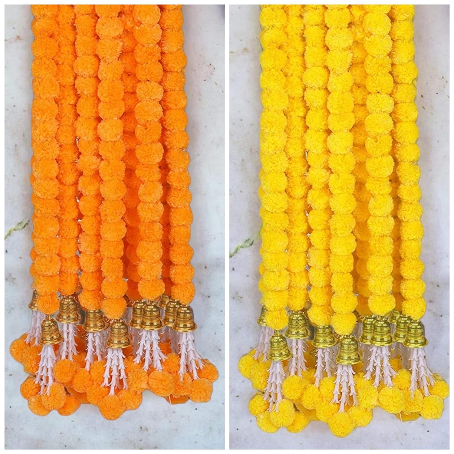 Abhaas Hand-Crafted Artificial Marigold Garland Toran Hanging Gendha Thonaram For Diwali Festivals With Bells&Rajnignadha(5Yellow+5 Orange/Set Of 10),150 Cm