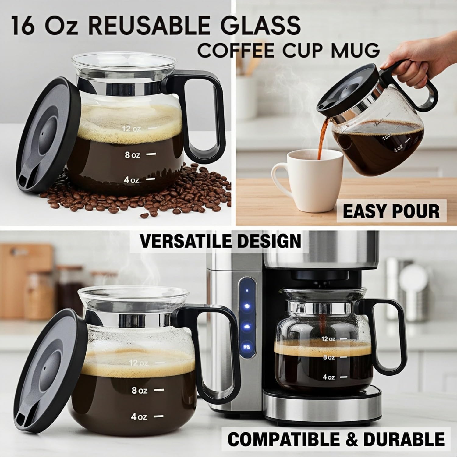 Coffee Pot Mug, 16oz Glass Novelty Coffee Cup with Leak-Proof Lid, Ideal Gift for Coffee Lovers, Mini Tea Pot Design for Home & Office Use - Image 6
