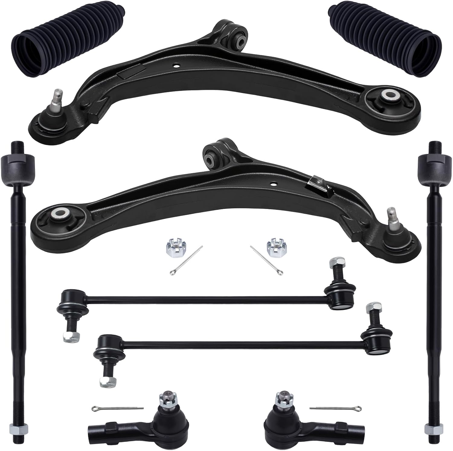 TUCAREST 10Pcs Suspension Kit Fit For 2011-2017 Ho-nda Odyssey, 2 Front Lower Control Arm with Ball joint + 4 Outer Inner Tie Rod + 2 Sway Bar + 2 Boots [# K622002 K622210 K750304 ES800333 EV800909]