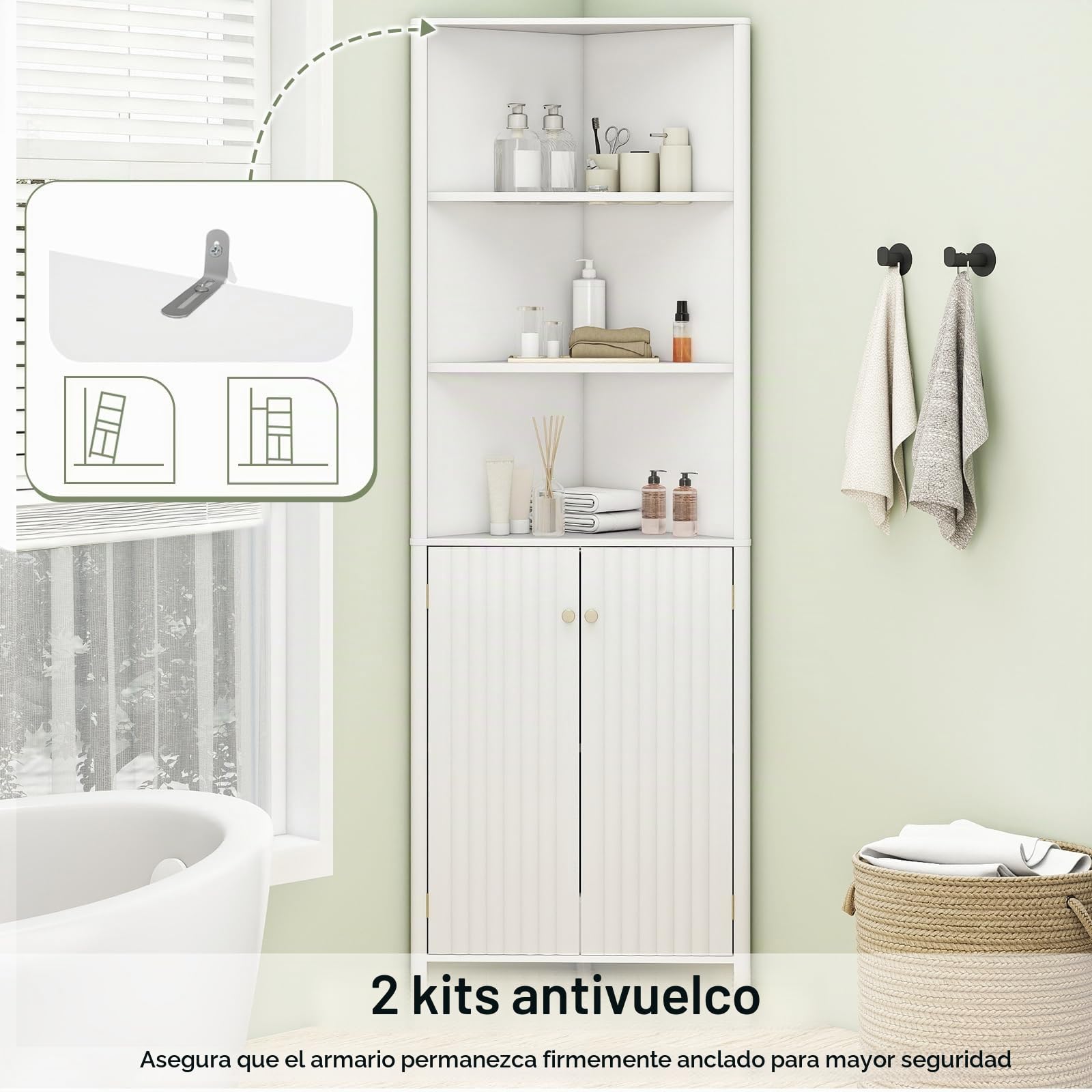 LIFEZEAL Mueble de baño esquinero para Ahorrar Espacio, Armario de baño de Esquina, 58 x 32 x 172,5 cm, aparador de Cocina, despensa, con estantes Ajustables, 5 Compartimentos, 2 Puertas (Blanco)
