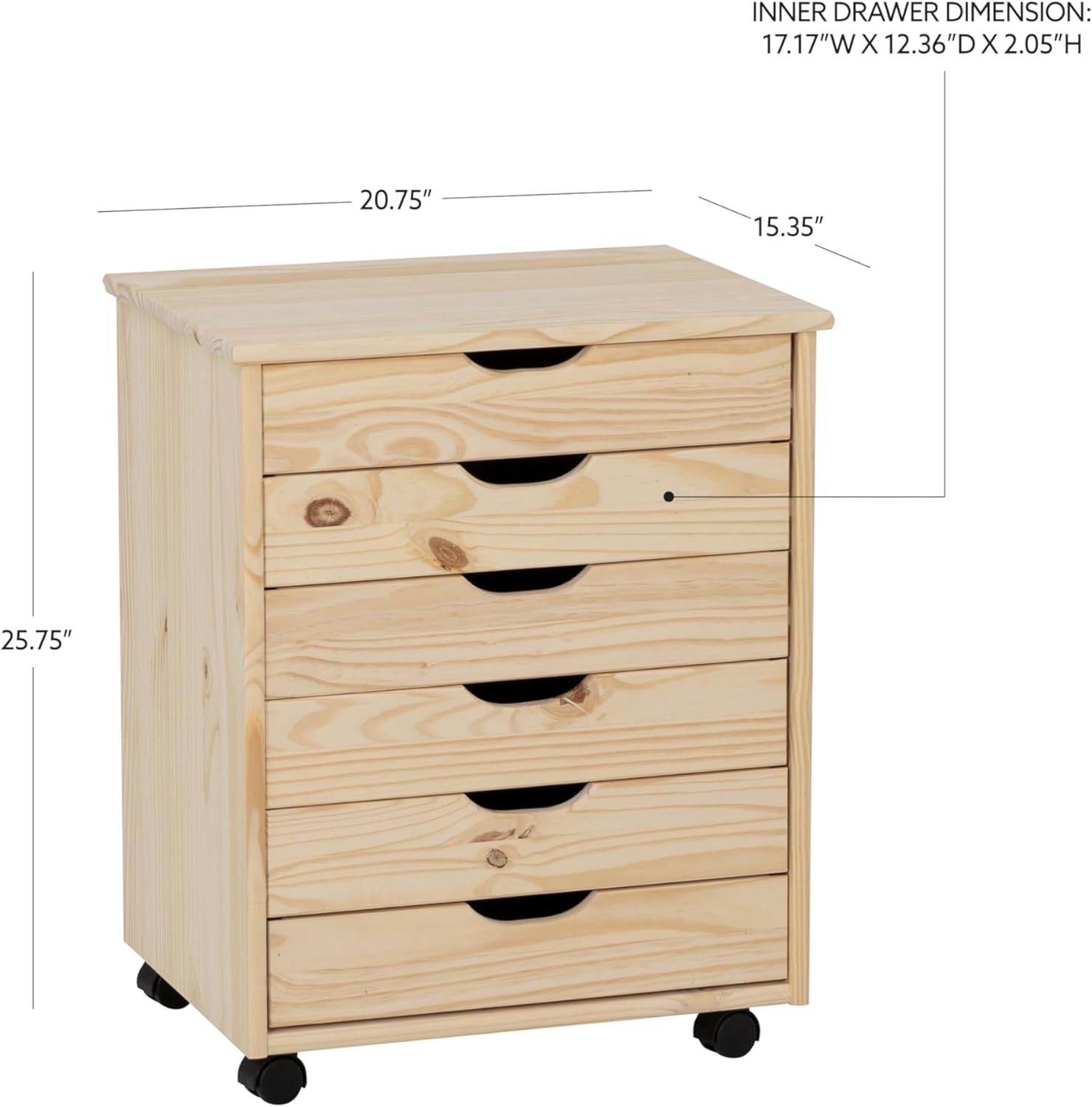 Linon Home Decor Products Corinne Six Drawer Wide, Natural Rolling Cart