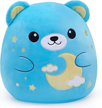 Soft 12-Inch Blue Bear Plush Pillow, Cuddly Bear with Moon, and Stars, Collectible Plushie Sensory Stuffed Animal Show Your Mood Toys Gifts for Kids Girls Boys Birthday