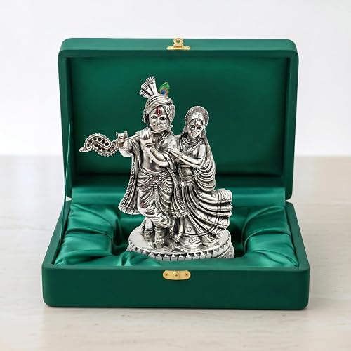 Dev Aastha Premium Silver-Plated Radha Krishna Idol Statue for Pooja Room | Home Décor | Mandir Temple | Radha Krishna Statue | Decorative Showpiece | Festive Gifting | 5.3 Inch
