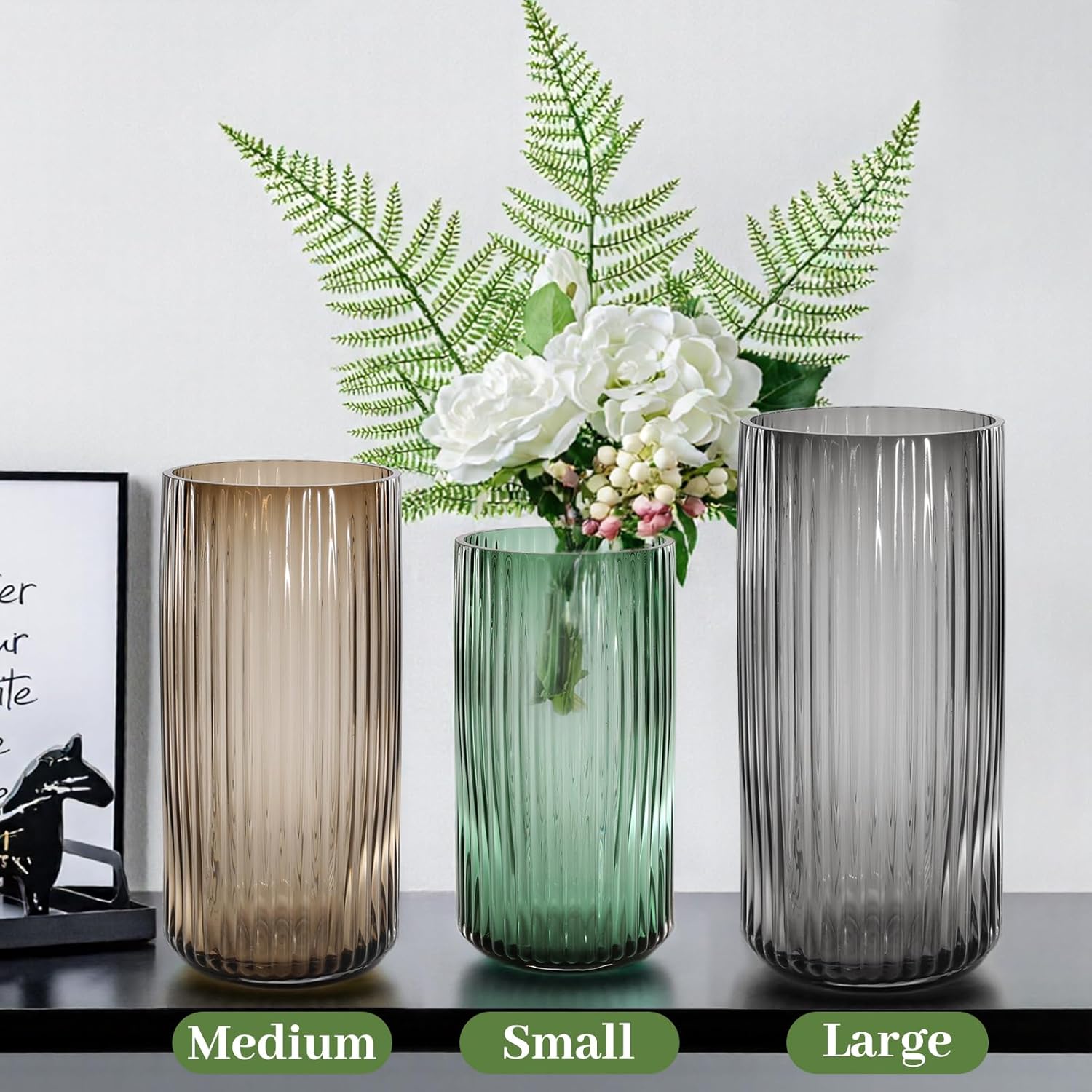 Emerald Green Glass Vase 11 Inch Tall Flower Vase for Bouquet, Dining Table Center Entryway, Vintage Decorative Ribbed Cylinder Vase for Centerpieces, Home Decor, Living Room, Office, Wedding