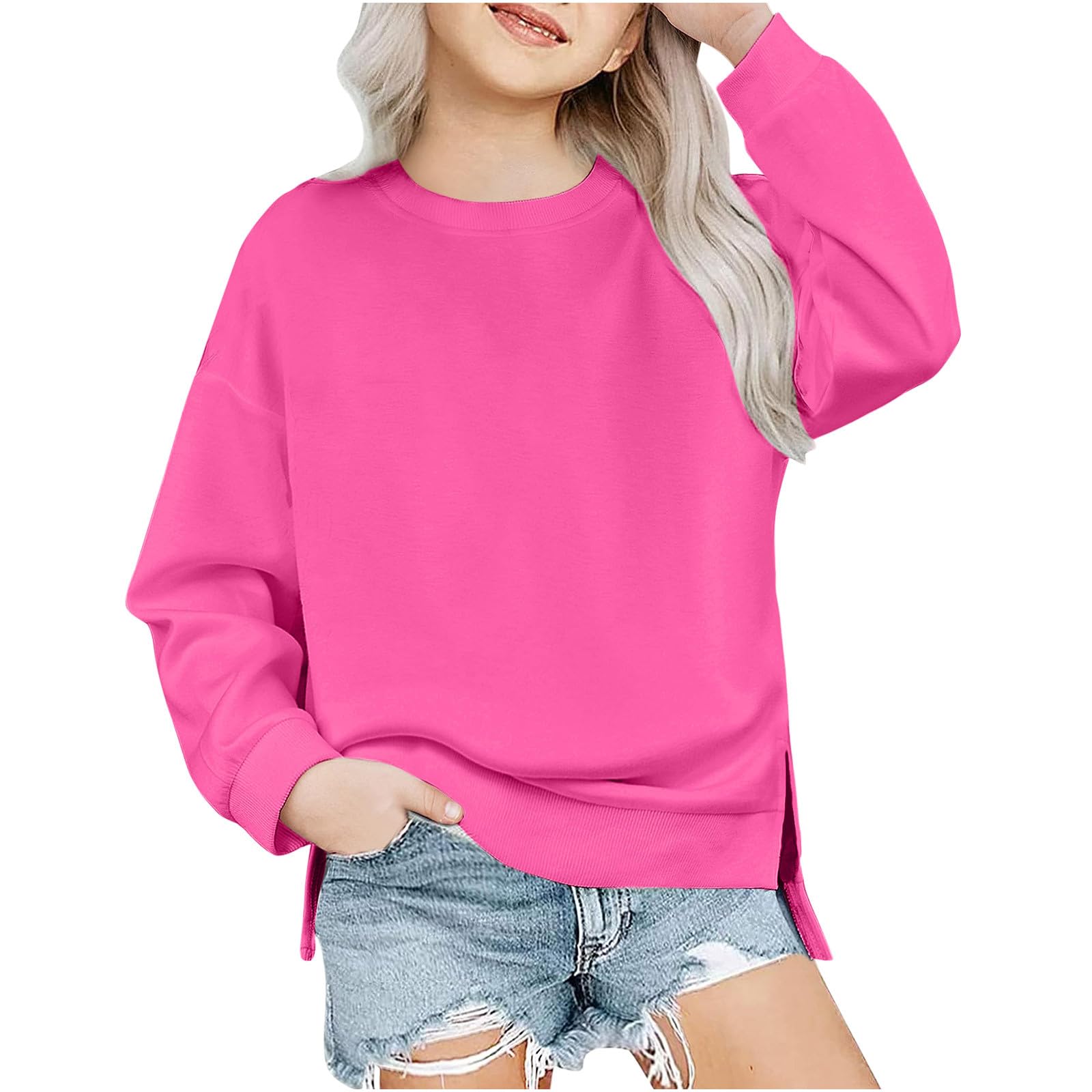 LRMQS Girls Crewneck Sweatshirt Cute Long Sleeve Pullover Tops Preppy Side Split Sweatshirts Teen Clothes for 4-13 Years